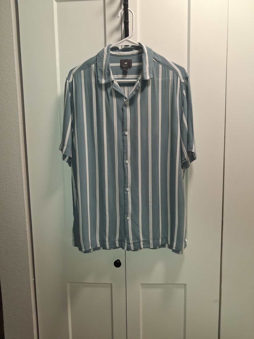 H&M Men’s Short-Sleeve Vertical Stripe Button-Down Shirt - Teal & White